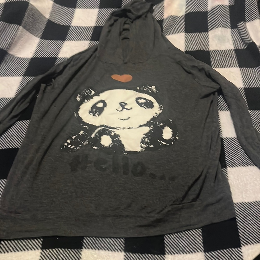 Black funny panda hooded long sleeve shirt.